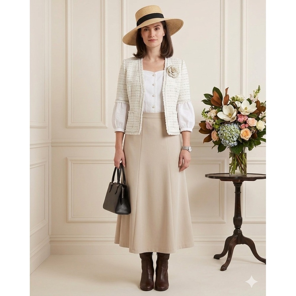 Southern Lady Tan A-Line Midi Skirt‎ Sz 14 Modest Paneled Flare Minimal Side Zip
